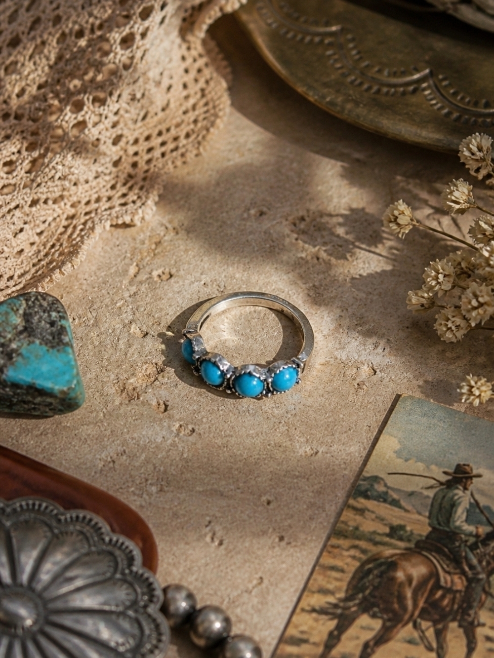 4/$15 Silver Ring with Four Turquoise Blue Cabochons Women's Jewelry sz 5